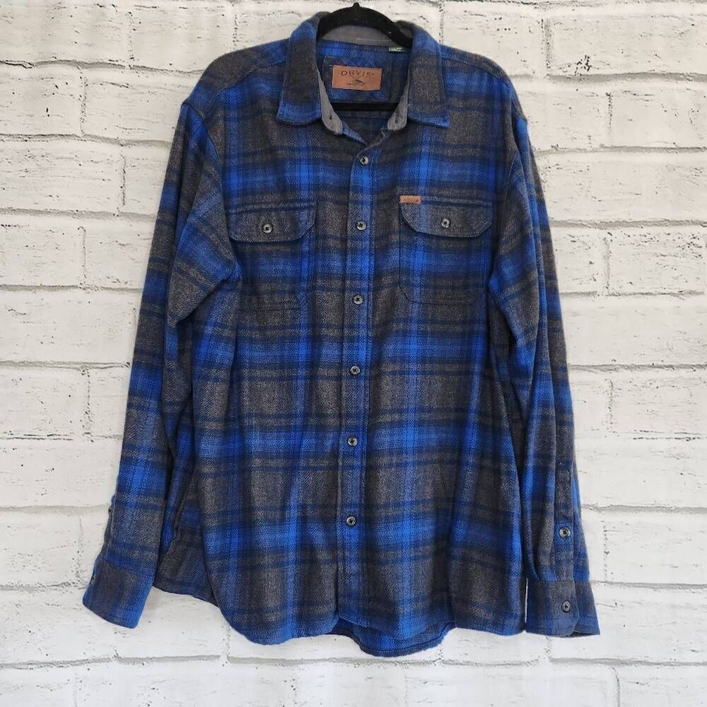 Orvis Mens Blue Pleated Back Plaid Button-Up Long Sleeve Shirt Size XXL